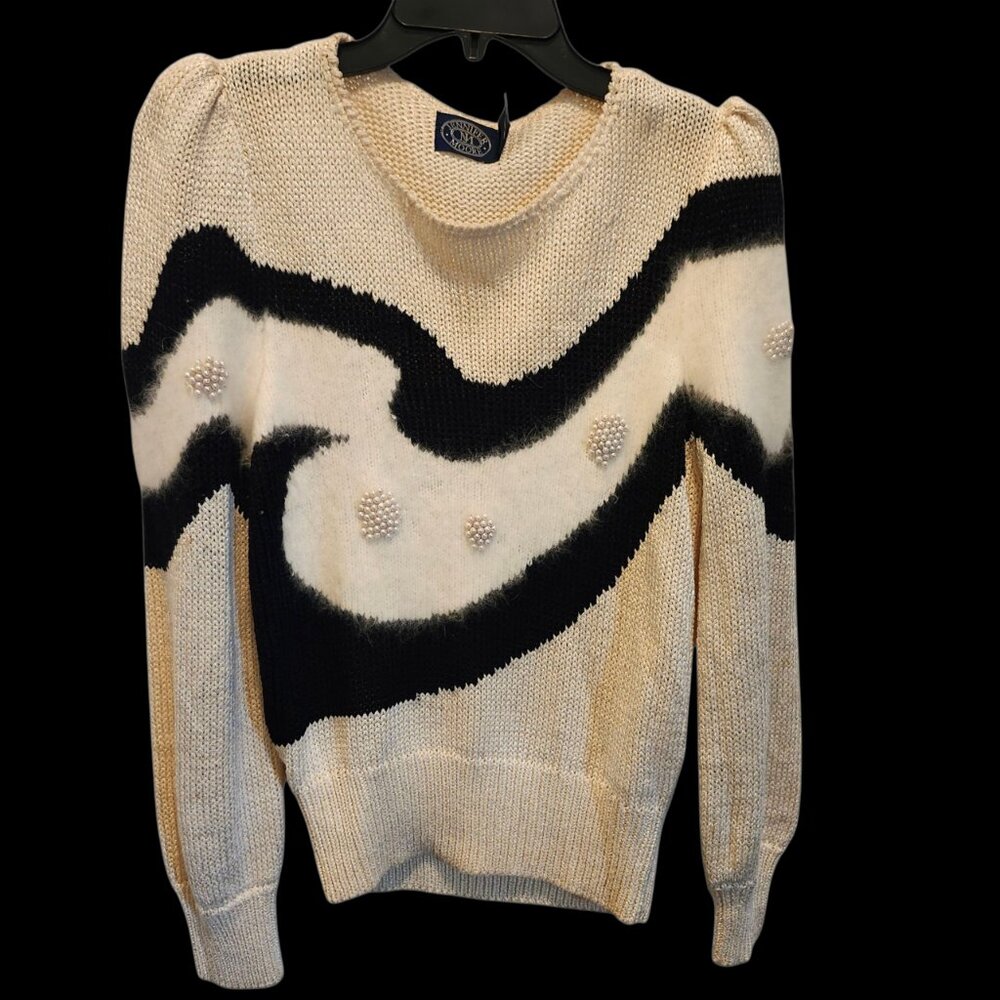 Retro Chic 80's Swirl Sweater Jennifer Moore Pearl Embellished Sz M Coquette